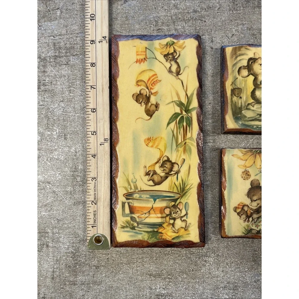 5 Piece Vintage‎ Kitschy Coby Mouse Mice At Home Art On Wood Wall Plaque